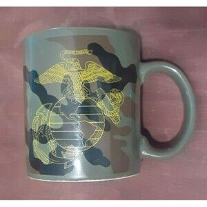 Marines military coffee mug with yellow print Semper Fidelis Green Camo Ceramic